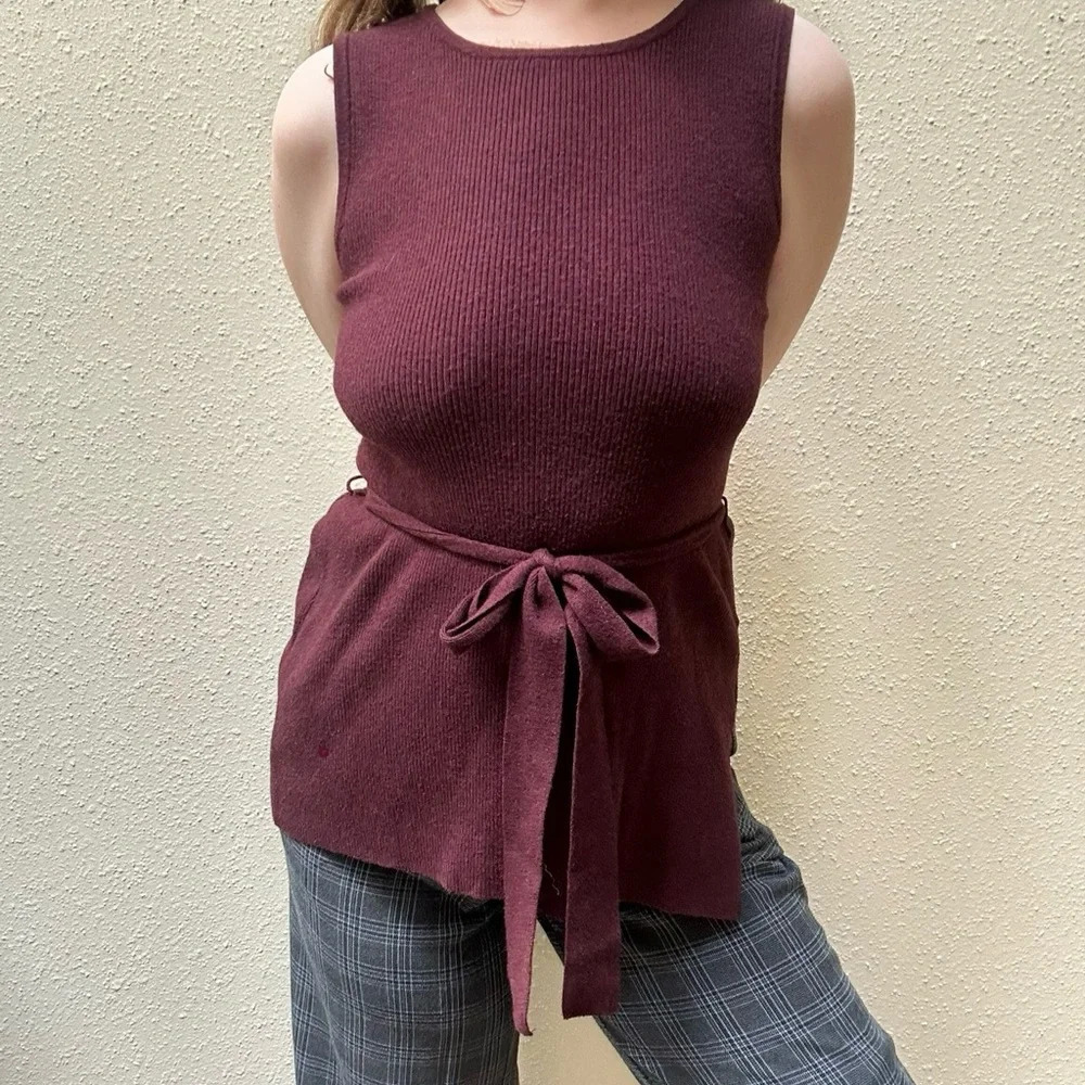 Ady P Soft Wine Red Wrap Tie Front High Neck Sweater Tunic Tank Top Medium